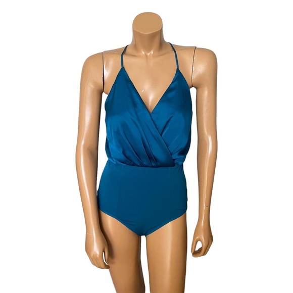 Bebe Blue Satin Bodysuit Medium - Picture 1 of 8